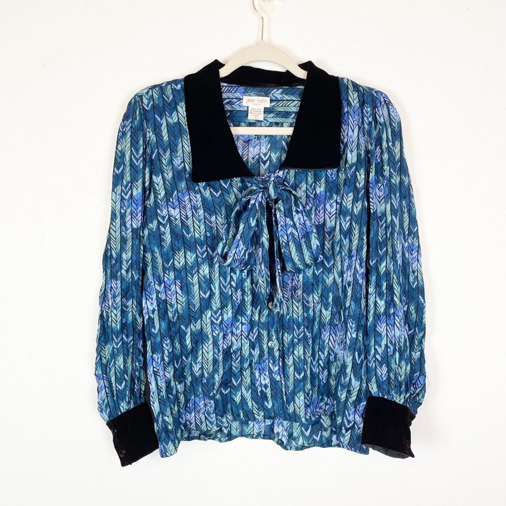 VTG Jean Halm Women's‎ 6 Green and Blue 100% Silk Blouse Neck Tie Velvet Accents